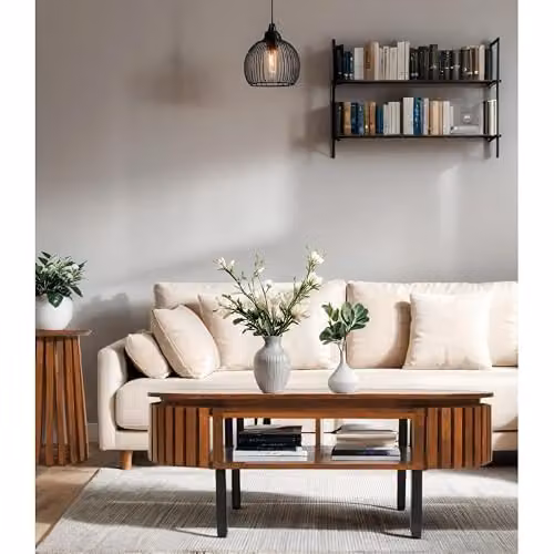 Indian Hub Slatted Rectangular Mango Wood Coffee Table in Brown, W: 110 cm, D: 55 cm, H: 42 cm – 2