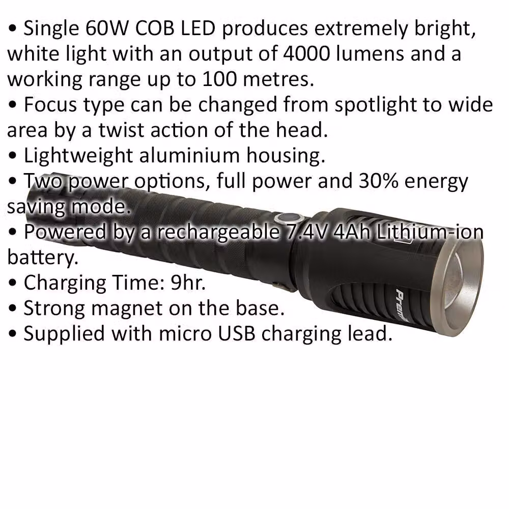 Loops Aluminium Rechargeable LED Torch with 60W COB and Adjustable Focus in Black and Multicolour – 2