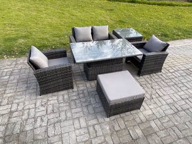 Fimous 5 Seater Rattan Outdoor Garden Dining Set with Height Adjustable Lifting Table and Side Table in Dark Grey
