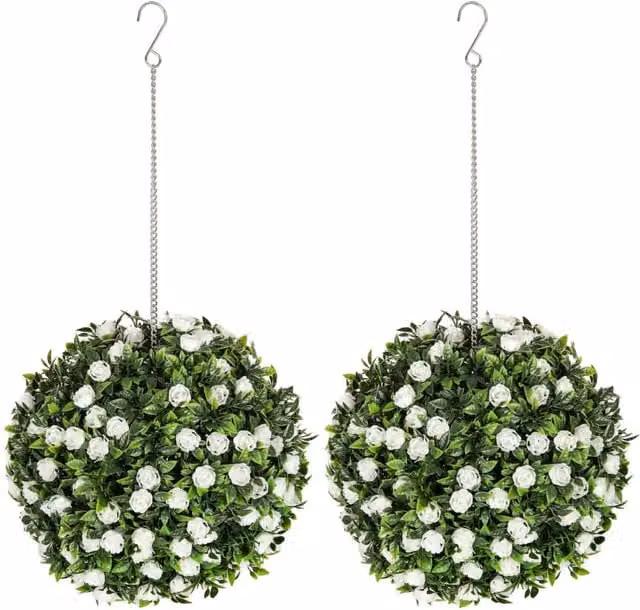 Dyzi Set of Two Pink and White Hanging Round Plastic Rose Topiary Balls