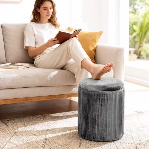 HOMCOM Round Velvet Storage Ottoman Pouffe in Grey with Removable Top Pad, W/D/H: 35 x 35 x 45 cm – 6
