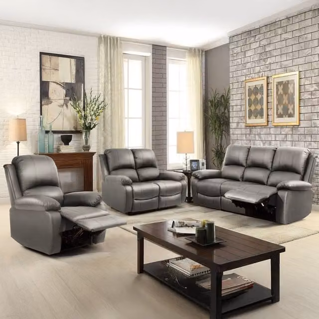 Comfy Living Bonded Leather Reclining Sofa Set in Light Grey, including 3 Seater Sofa, 2 Seater Sofa and Armchair