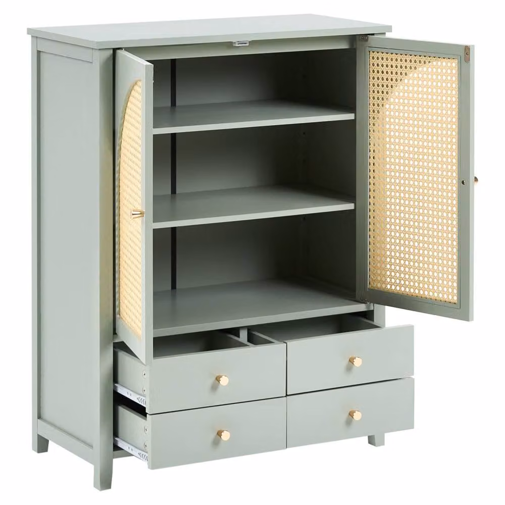 Wyld and Coco Boho Green Shoe Storage Cabinet with Doors, Drawers and Rattan Details – 2