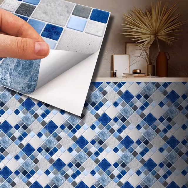 Walplus Geometric Metallic Adhesive Wall Tile Stickers in Blue and Grey