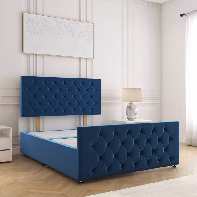 BSSPOKE Maya Super King Plush Velvet Divan Bed with 24 inch Headboard in Blue