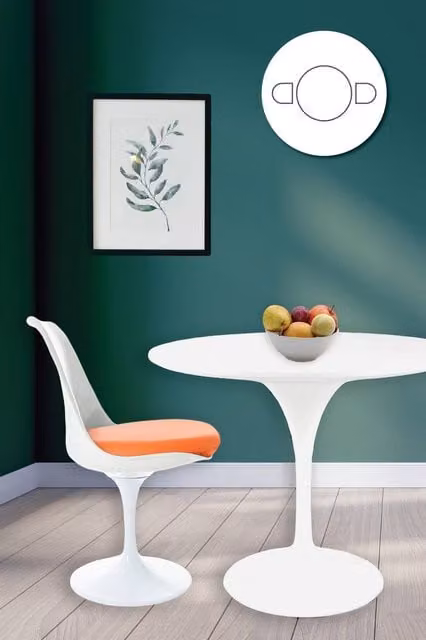 Fusion Living Tulip Dining Set with White Round Table and Two Chairs with Orange PU Cushions – 1