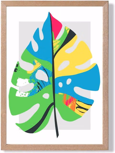 ARTZE Monstera Leaf Abstract Minimalist Framed Print in Blue and Green with Oak Frame, A2