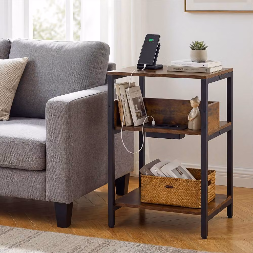 Costway Industrial 3-Tier Side Table with Charging Station in Brown – 3