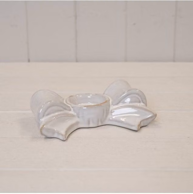 KDMD Natural Ceramic Bow Tealight Candle Holder in Beige and White