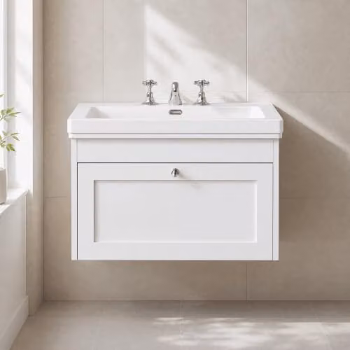 Balterley Wall Hung Single Drawer Vanity Unit with 3 Tap Hole Rectangular Basin in White, W/D/H: 80.0 x 45.3 x 43.1 cm – 2