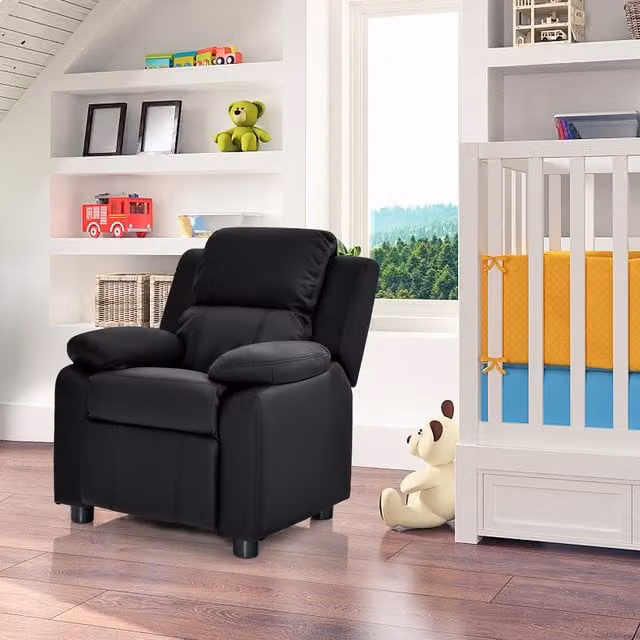 Costway Kids Recliner Chair in Black Synthetic Leather with Solid Wood Frame and Armrests