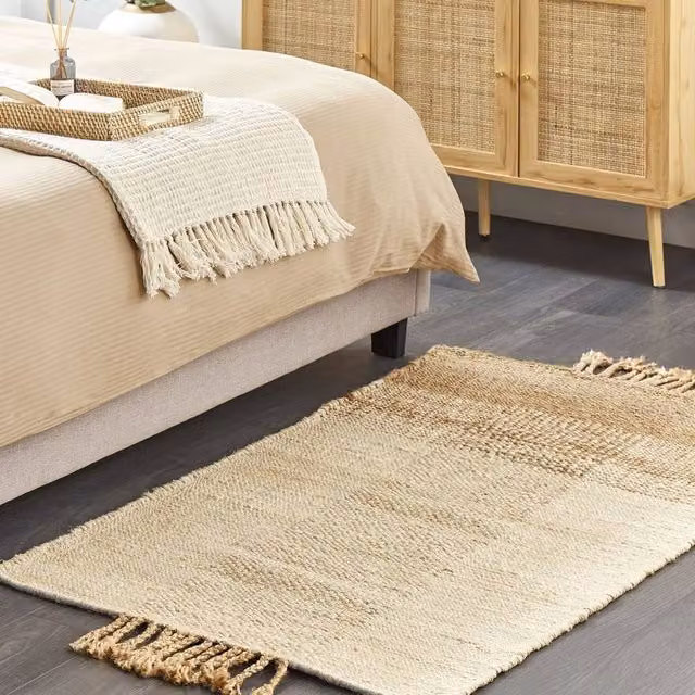 Wyld and Coco Beige Handwoven Jute and Cotton Rectangular Rug with Fringes W: 80 cm, L: 150 cm – 1