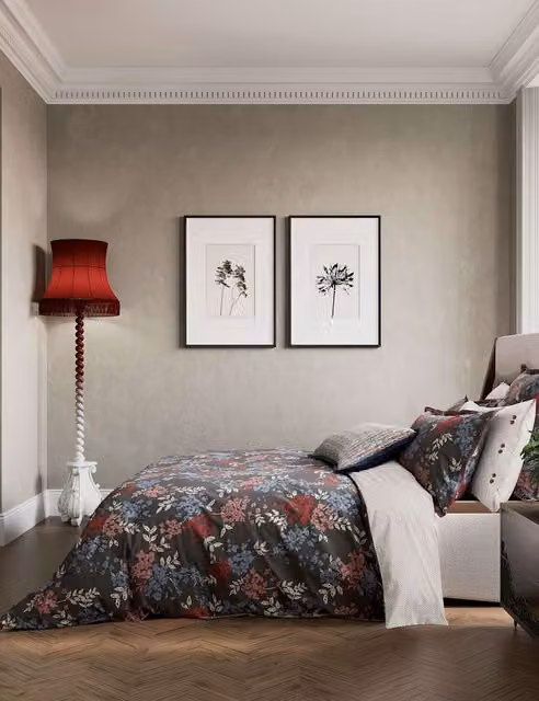 Bedeck of Belfast Lucine Pure Cotton Floral Bedding Set, Grey Mix, W: 140 cm, L: 200 cm