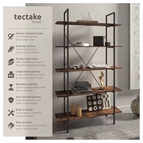 tectake Glasgow Ladder Shelf with 5 Adjustable Shelves in Brown – 4