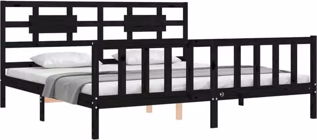 Berkfield Home Beautiful Bed Frame with Headboard in Black Solid Pine Wood, W/D/H: 200 x 200 x 205.5 cm – 1