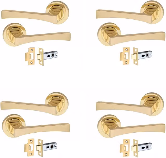 Golden Grace Brass Wave Door Handles on Round Rose with Tubular Latch, Electro Brass Finish, 4 Pairs