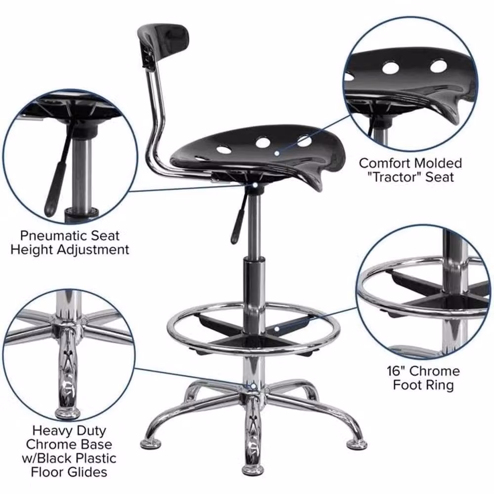 Havendro Industrial Drafting Stool with Black Tractor Seat and Chrome Finish – 2