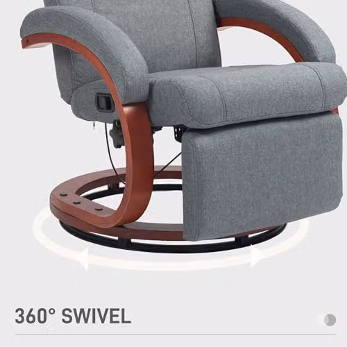 HOMCOM Grey Fabric Swivel Recliner Chair with Extended Footrest and Solid Wood Base – 6