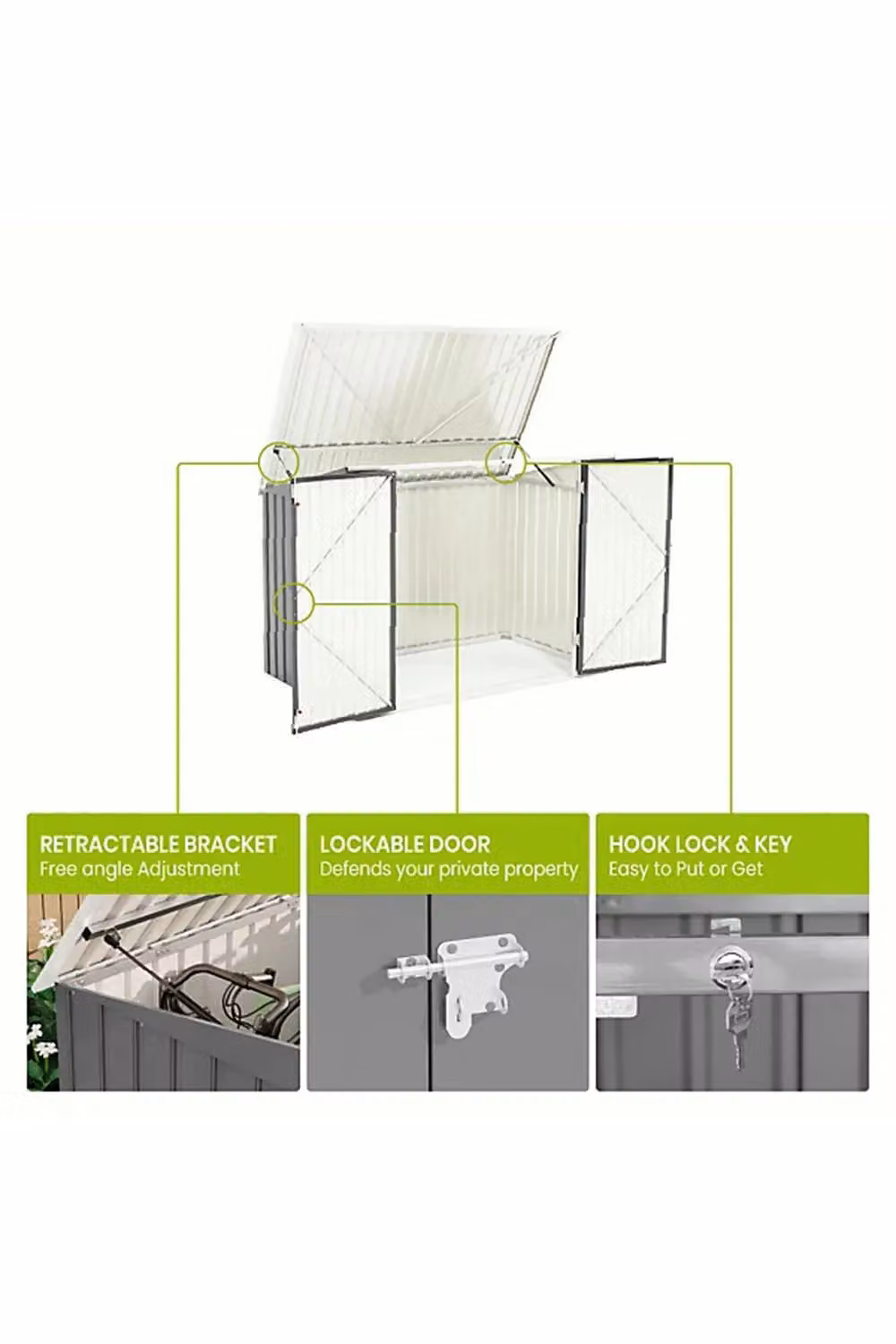 Living and Home Grey Lockable Metal Bicycle and Trash Storage Shed with Sloped Roof and Dual Vents, W/D/H: 91.44 x 91.44 x 195 cm – 3