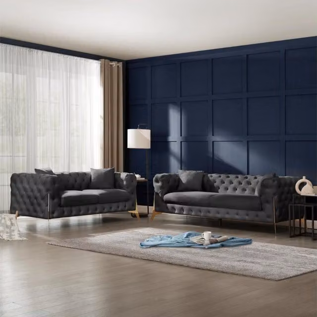 Panther Chesterfield 5-Seater Sofa in Anthracite Velvet Fabric with Gold Details