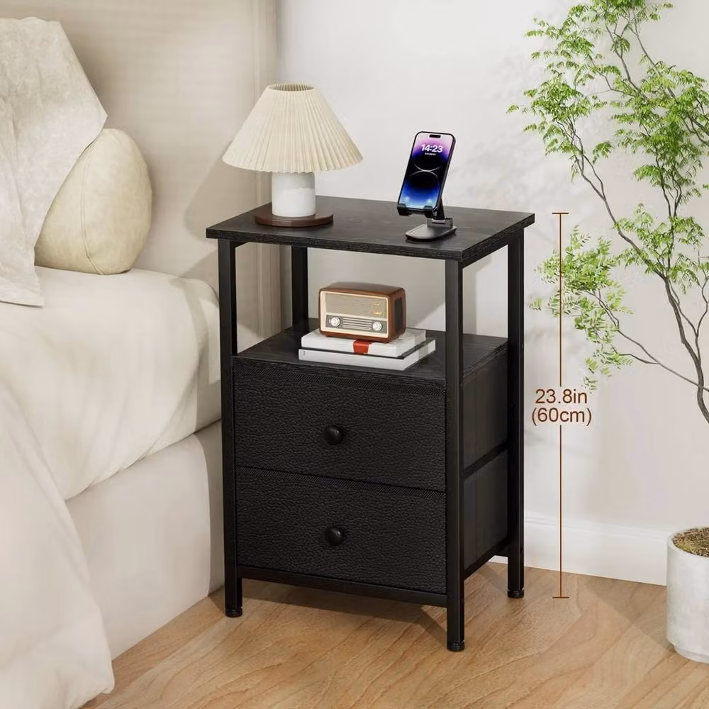 FORGEVIO Modern Bedside Table with 2 Fabric Storage Drawers, Black and Multicolour, W/D/H: 30 x 40 x 60 cm – 2