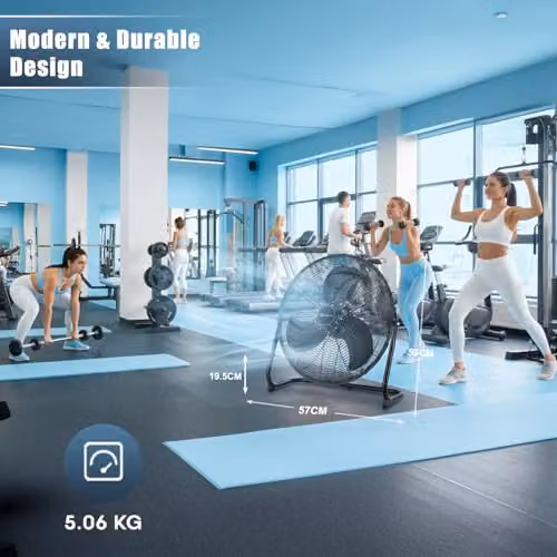 PureMate Chrome Gym Floor Fan in Black and Silver with 3 Speeds and Adjustable Head – 3