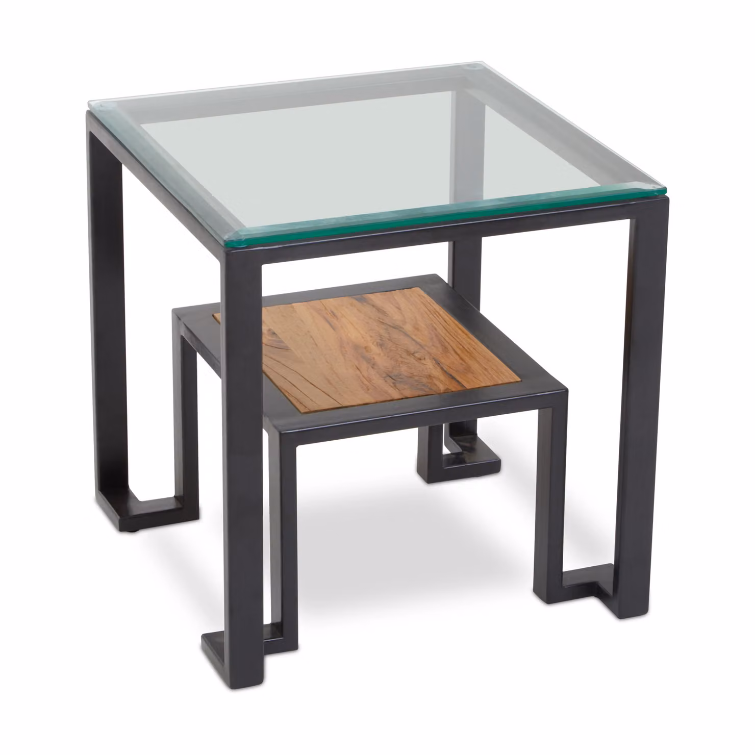 Fifty Five South Orsina Roman Square Side Table with Transparent Glass Top, Teak Wood Shelf and Black Metal Frame, W/D/H: 50 x 50 x 50 cm – 3