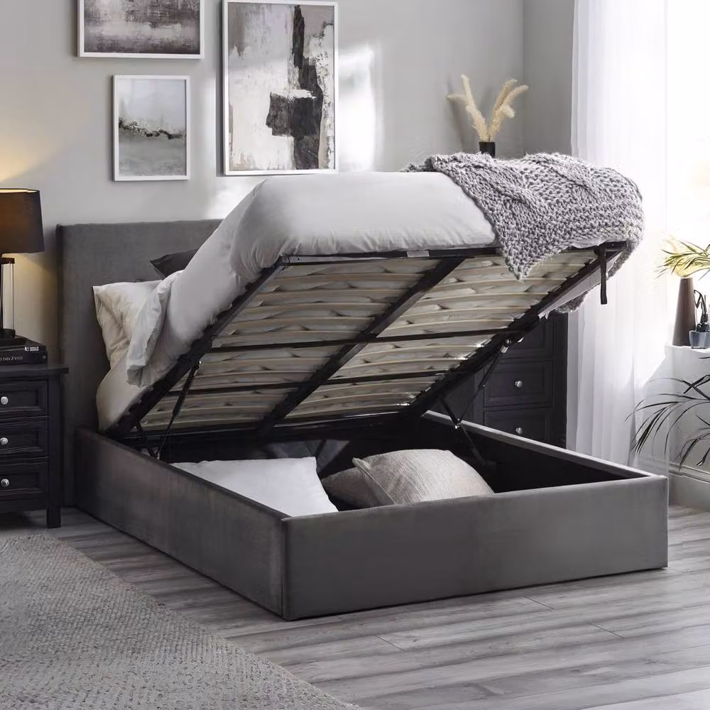 Cheshire Modern Upholstered Velvet Ottoman Storage Bed in Grey, W/D/H: 150 x 200 cm – 2