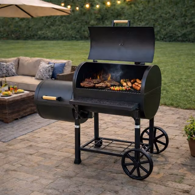 Home Treats Charcoal Offset BBQ Smoker with Warming Rack and Wheels, Black