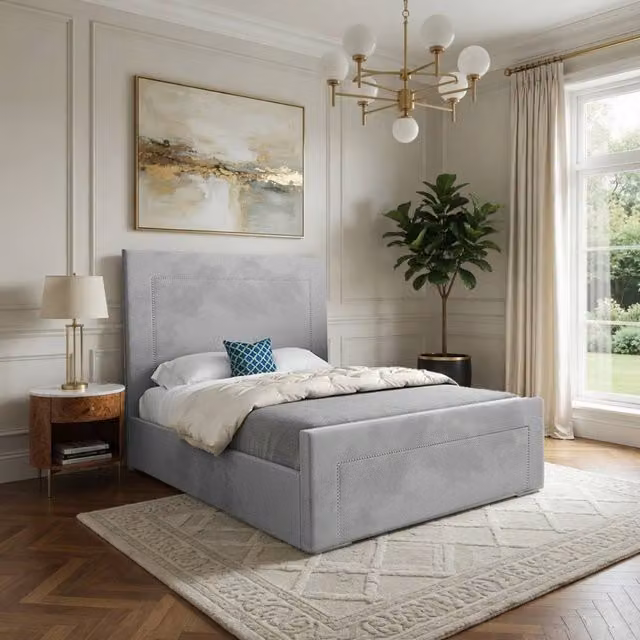 KDMD Lutterworth Upholstered Grey Velvet Designer Bed Frame, W/D/H: 180 x 137 x 159 cm
