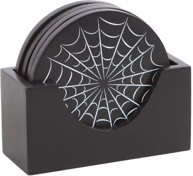 KDMD Black Spiderweb Coaster Set with Holder, Round Geometric Gothic Halloween Decor – 1