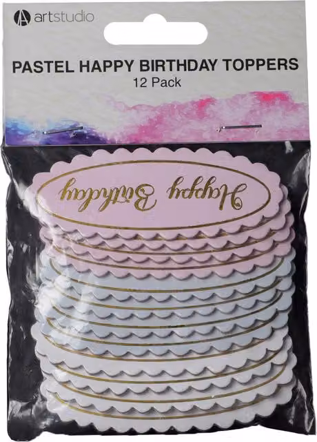 Art Studio Pack of 12 Multicolour and Gold Pastel Happy Birthday Paper Cake Toppers