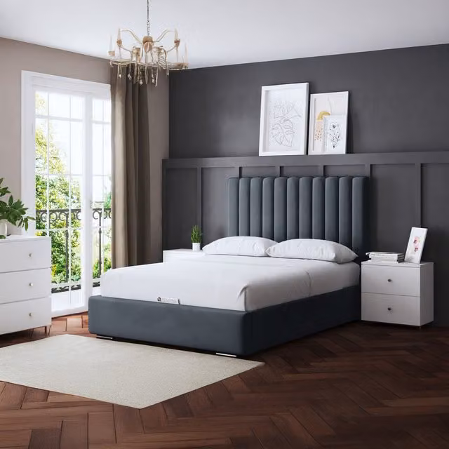 DS Living Evangeline Panel Ottoman Bed with Headboard in Grey, 180 x 200 cm