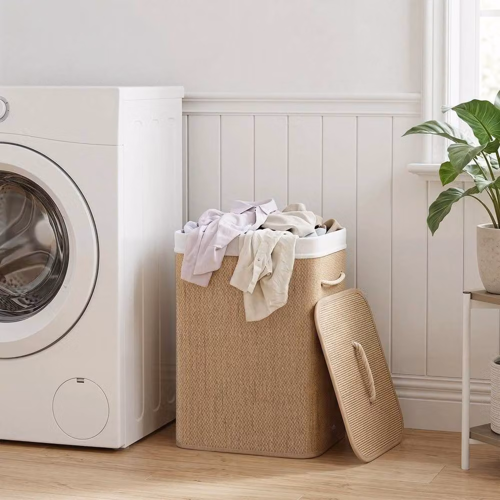 Kelvenix 72 Litre Wooden Clothes Basket with Lid and Removable Bag in Beige