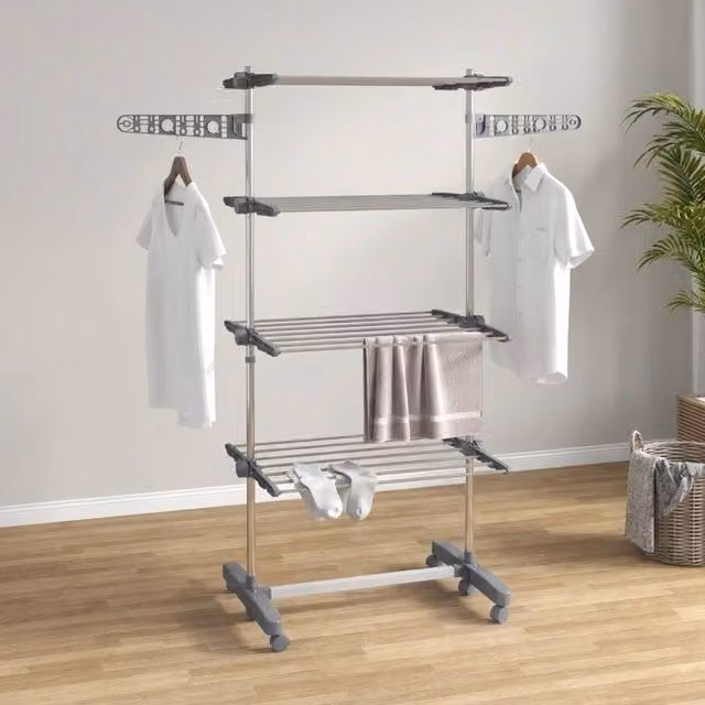 STILVORA Foldable Stainless Steel Clothes Airer with 4 Shelves and Wheels in Grey – 1