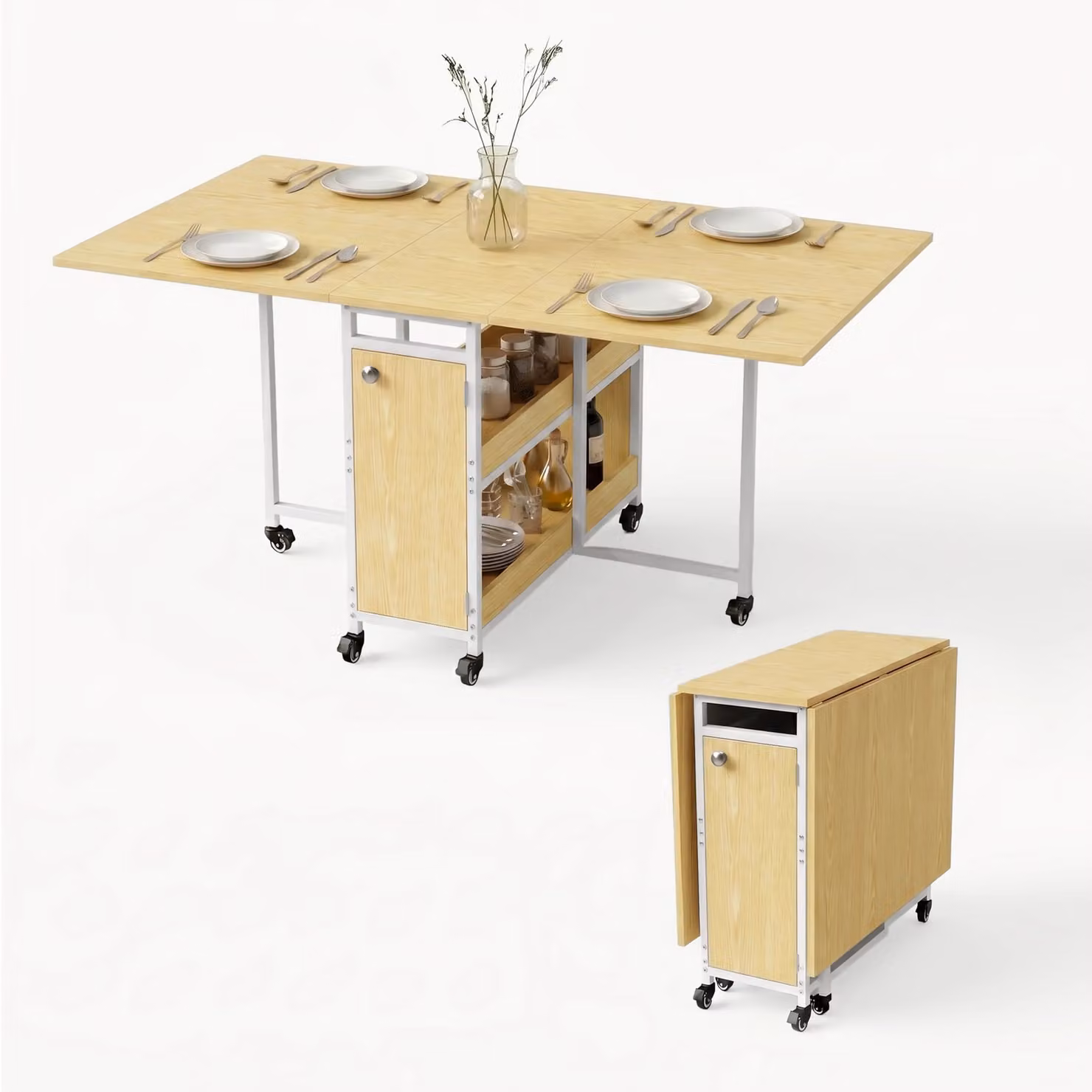 Stovra Industrial Drop-Leaf Folding Dining Table with Castors, Oak and Black, W/D/H: 152 x 80 x 76 cm