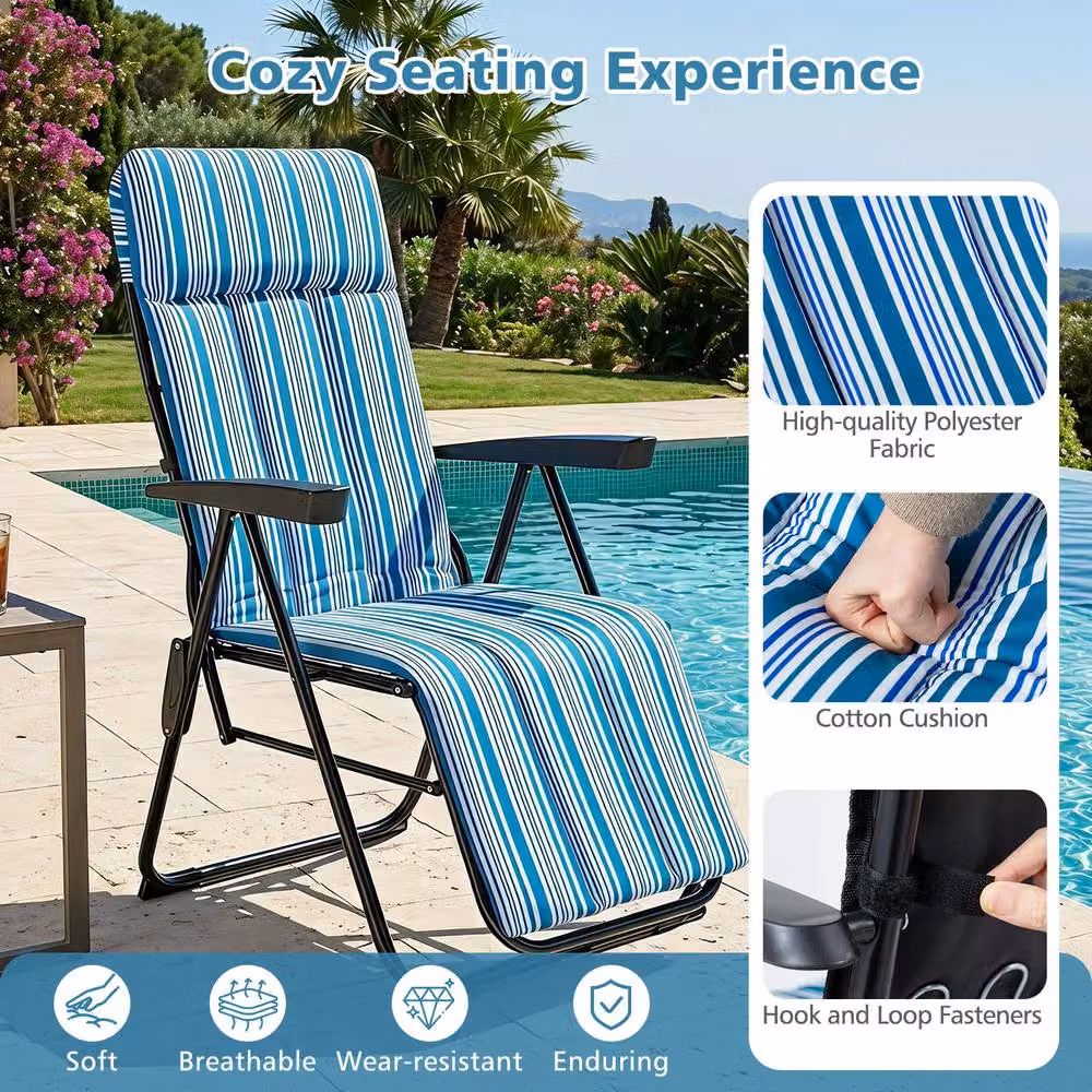 Gymax Blue Striped Foldable Sun Lounger Recliner with Adjustable Headrest and Armrests – 7
