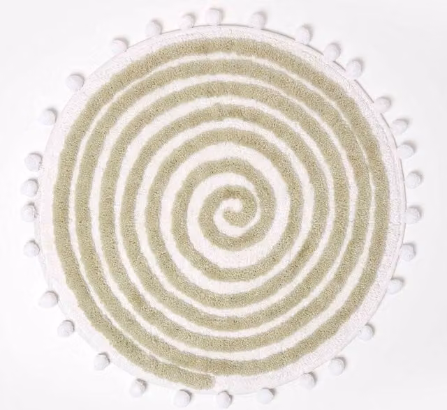 Homescapes Round Cotton Blend Spiral Bath Mat in Green with Pom Pom Edges, Diameter: 60 cm