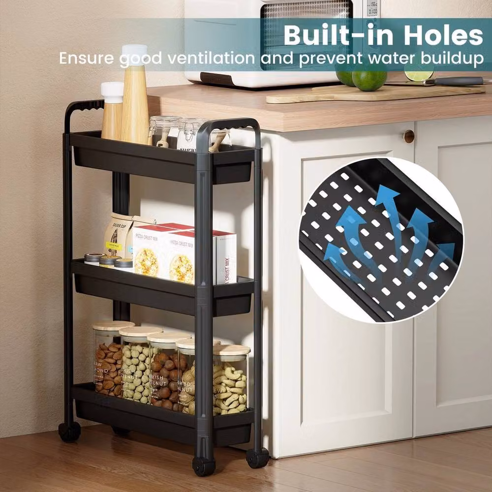 FORGEVIO 3-Tier Narrow Mobile Shelving Unit Slim Rolling Storage Cart in Black – 6