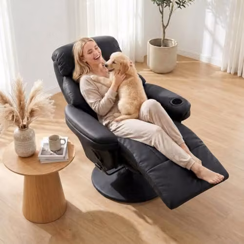 HOMCOM Manual Reclining Armchair in Black Synthetic Leather with 360 Degree Swivel and Integrated Footrest – 7