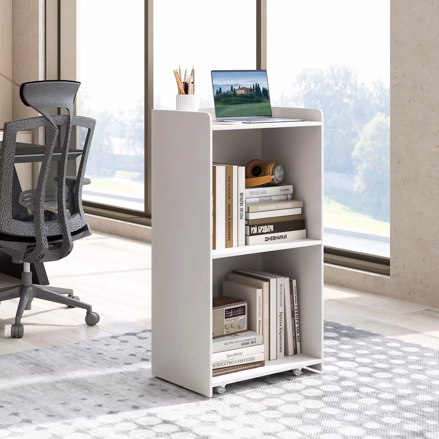Costway Rolling Lectern Stand Presentation Podium with 2 Shelves, White, Height: 105 cm – 3