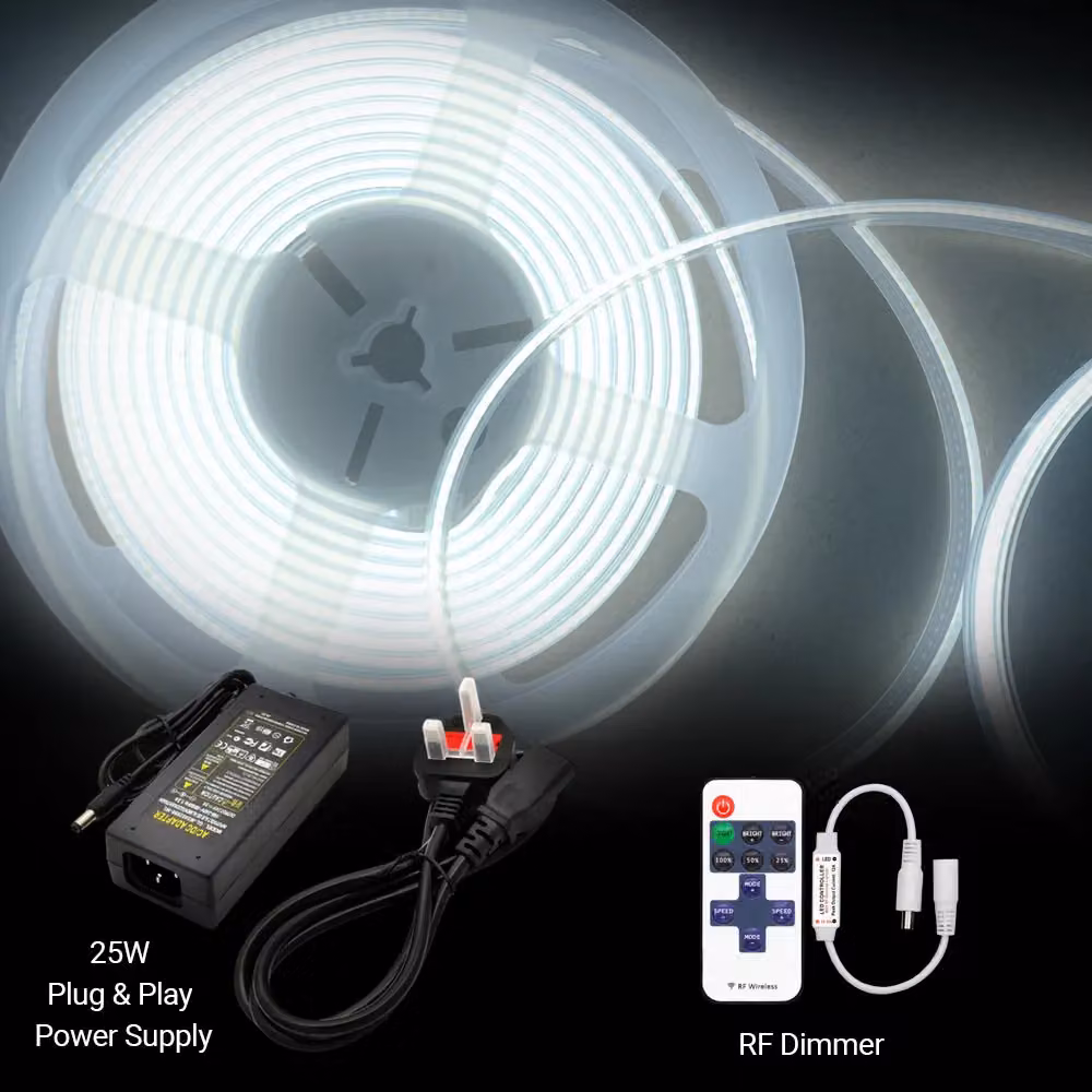 ENER-J COB LED Strip Light Kit, 5m, 24V, Cool White 6500K, Dimmable with UK Plug and Power Supply – 3