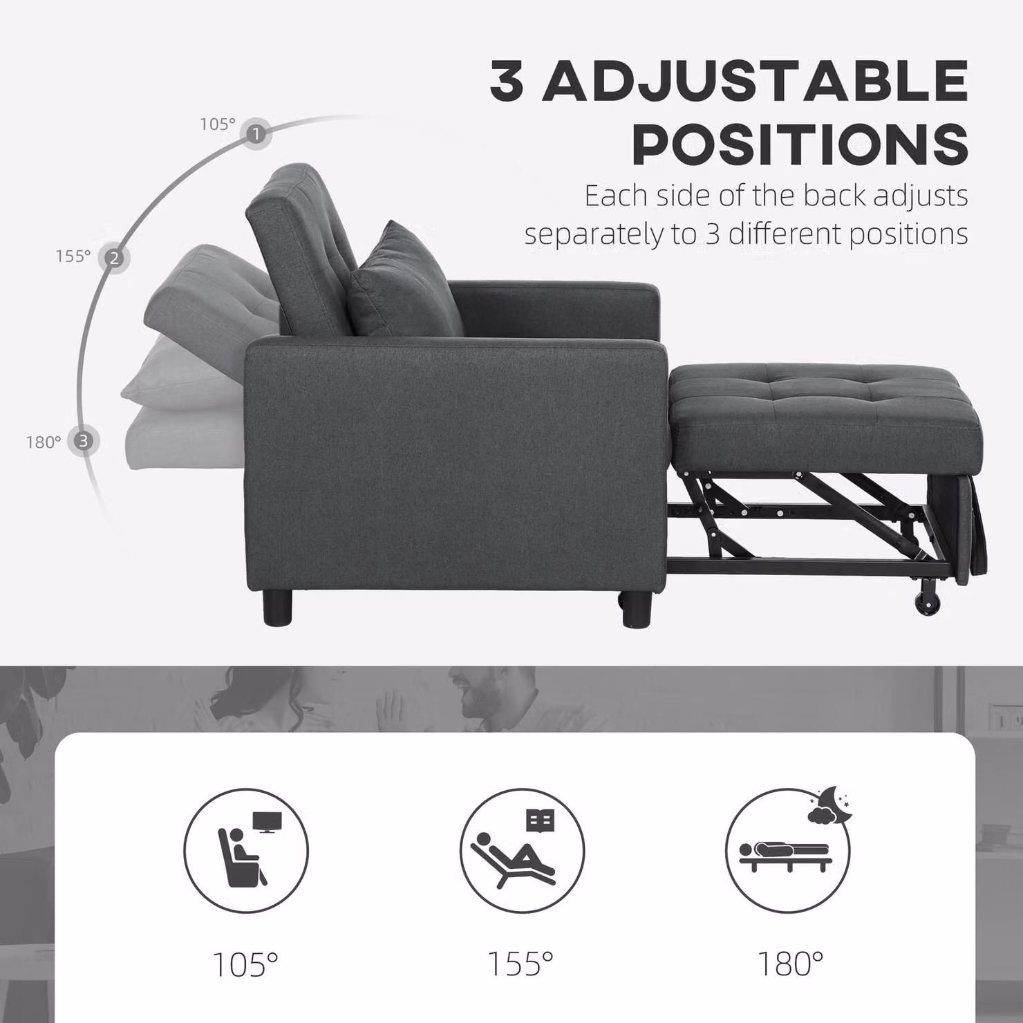 HOMCOM 3-in-1 Convertible Sleeper Chair Bed with Adjustable Backrest, Pillow and Footrest in Dark Grey – 6