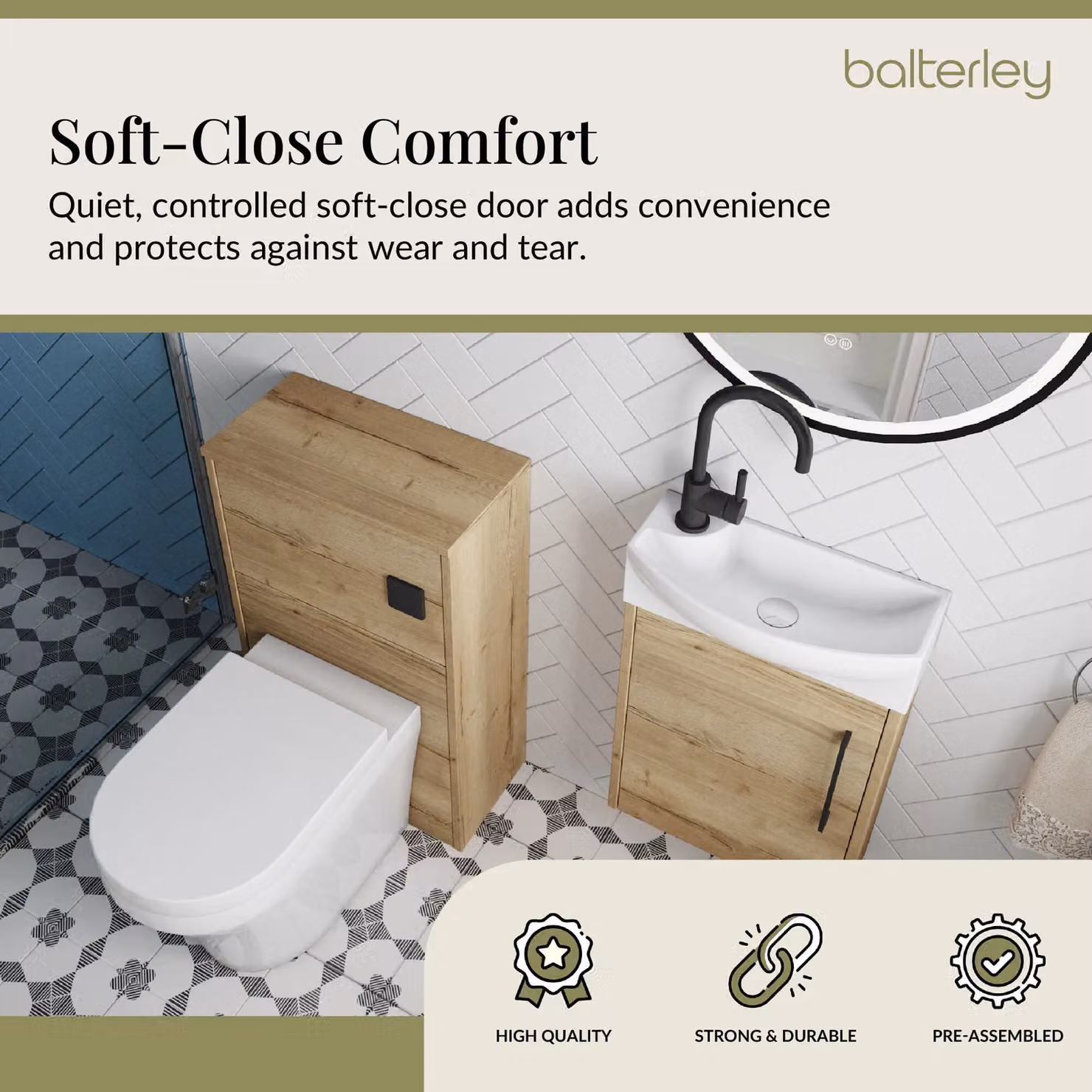 Balterley Modern Right Hand Cloakroom Suite with Oak Vanity, WC, Toilet and Tap Set in Black and Grey, Width: 44 cm – 3