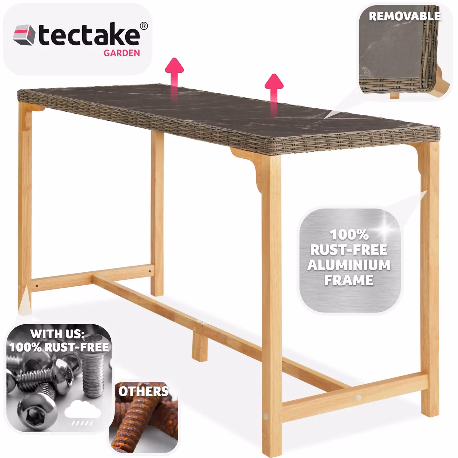 tectake Lovas Round Garden Table in Natural Brown and Multicolour Polyrattan with Marble Effect Top – 2