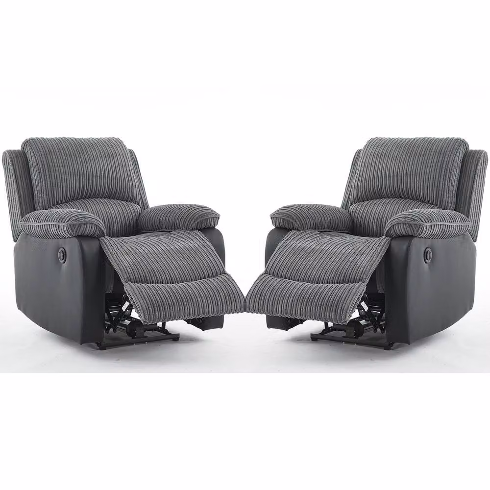 FURNITURE ONE Electric Reclining Sofa Set in Grey Corduroy Fabric – 2