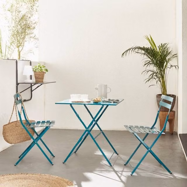 sweeek Square 2-Seater Folding Metal Bistro Garden Table and 2 Chairs Set in Bottle Green
