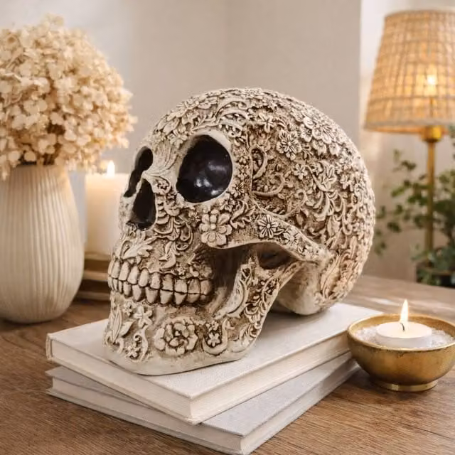 Voltico Gothic Floral Resin Skull Tabletop Decorative Ornament in Beige, Black or Grey, H: 15.5 cm x W: 13.0 cm x D: 13.0 cm – 1