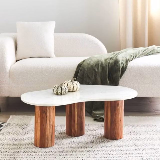 Wyld and Coco Oval Marble Top Coffee Table with Acacia Wood Base in White, W/D/H: 90 x 45 x 35 cm – 1