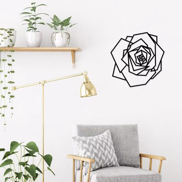Decortie Wild Rose Metal Floral Wall Art, Black, W/H: 60 x 60 cm